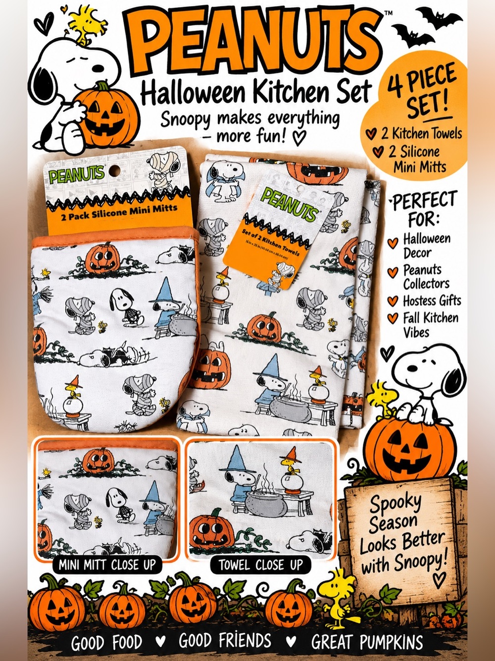 Peanuts Snoopy Halloween Kitchen Towels & Mini Oven Mitts 4 Pc Set